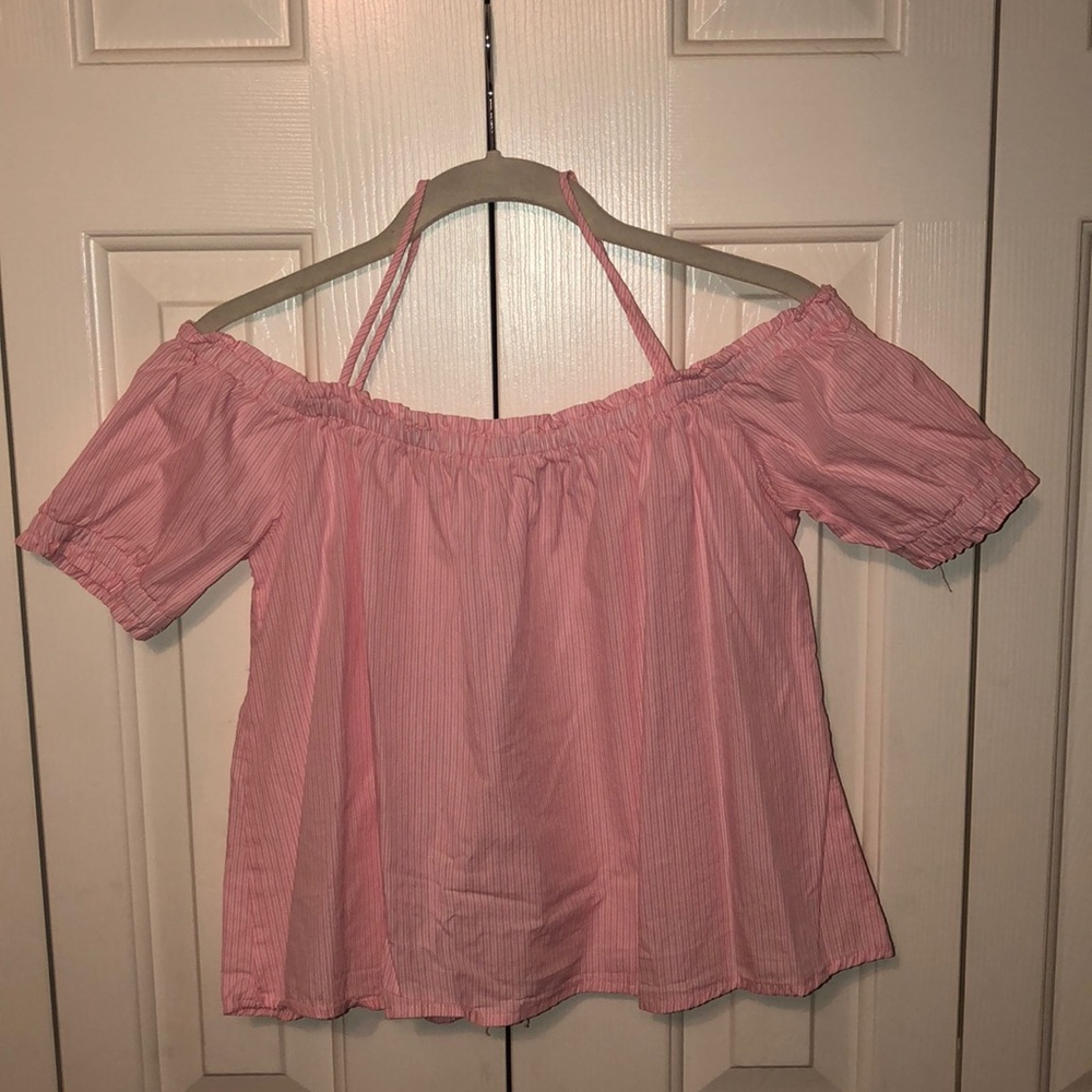Off the shoulder pink and white striped shirt